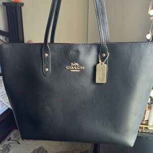 Coach Black Leather Tote with Gold Accents